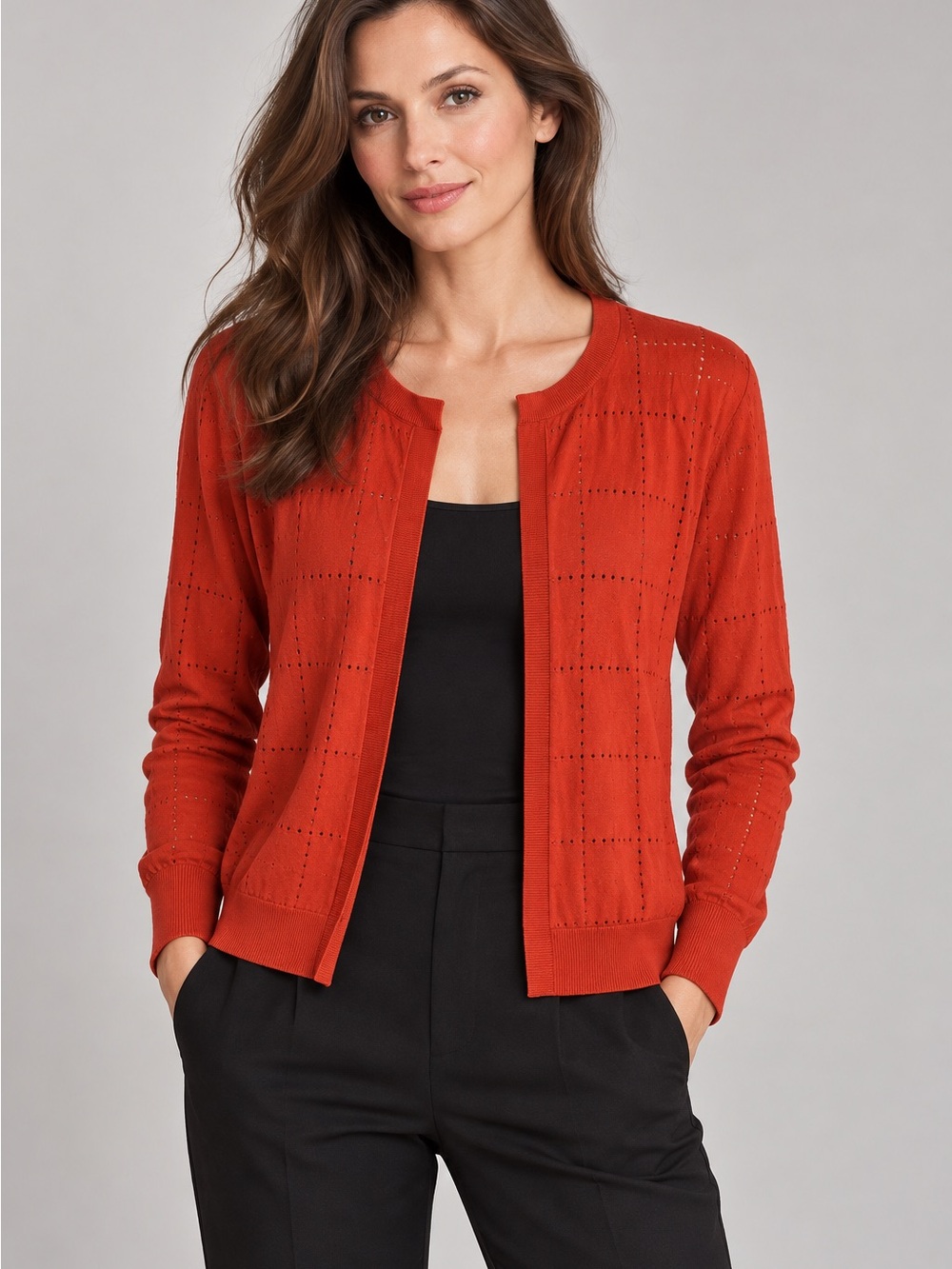 Wolford Tomato Red Virgin Wool Pointelle Open Front Cardigan Size L